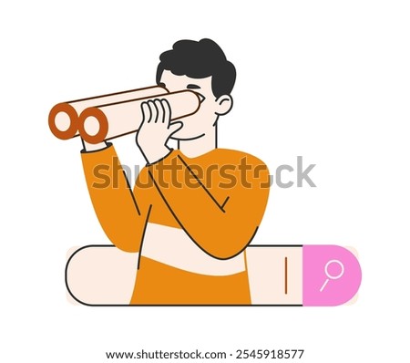 Man use search bar. Guy browsing online, web searching, internet browsing and web pages surfing flat vector illustration. Search bars user