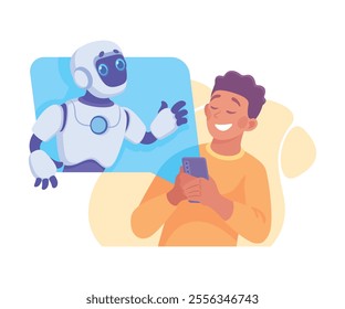 Man Use Smartphone App with Robot Character as Smart Android Assistant Machine Vector Illustration