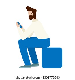 Man use smartphone. Bearded man sitting. Flat vector concept illustration isolated on white background