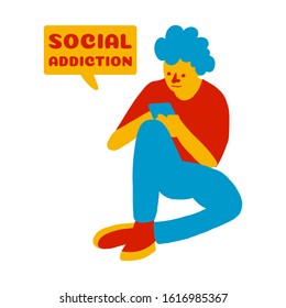 Man use smartphone to communicate. Concept social addiction and smartphone addiction on white background isolated. Stock Vector Illustration.