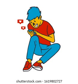Man use smartphone to communicate. Concept social addiction and smartphone addiction on white background isolated. Stock Vector Illustration.