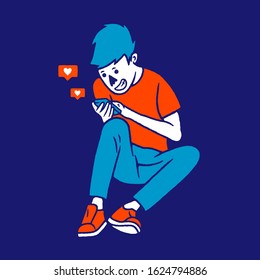 Man use smartphone to communicate. Concept social addiction and smartphone addiction on blue background isolated. Stock Vector Illustration.