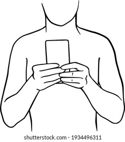 Man use smartphone selfie photo for social network. Selfie expert vector illustration. Male selfie. Landing page, web, app, card, editorial, flyer, banner. Minimalism hand drawn line art design 