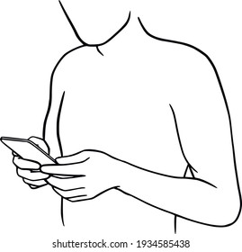 Man use smartphone selfie photo for social network. Selfie expert vector illustration. Male selfie. Landing page, web, app, card, editorial, flyer, banner. Minimalism hand drawn line art design 