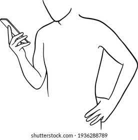 El hombre usa una foto de selfie de smartphone para una red social. Ilustración vectorial experta en selfie. Selfie masculino. Landing page, web, app, card, editorial, volante, banner. Diseño de líneas dibujadas a mano minimalista 