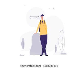 man use smartphone. texting message. young man in different poses. flat design. vector illustration. isolated in white background