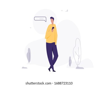 man use smartphone. texting message. young man in different poses. flat design. vector illustration. isolated in white background