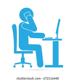 Man use smartphone and work with computer blue icon