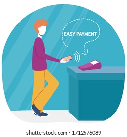 Man use terminal for a contactless wireless pay by a mobile phone. Vector concept of online shopping.
