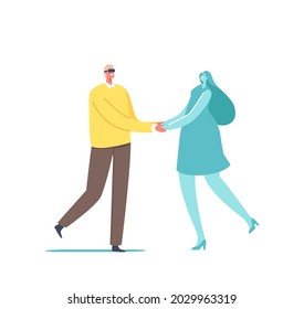 Man Use Virtual Reality Technology for Dating. Male Wearing Augmented Reality Vr Goggles Date with Girl in Cyber Space. Character and Female Hologram Holding Hands. Cartoon People Vector Illustration