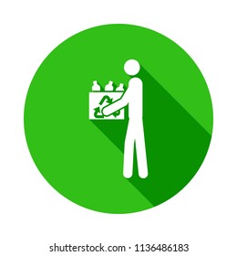 man with used bottles green icon in Badge style with shadow  on white background
