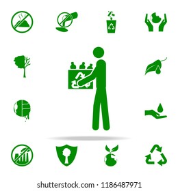 man with used bottles green icon. greenpeace icons universal set for web and mobile