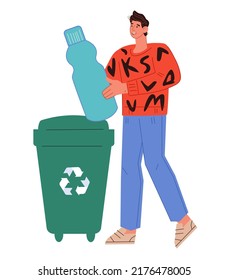 Hombre con botellas plásticas usadas para reciclaje, ilustración plana vectorial aislada en fondo blanco. Reciclaje y basura cero, concepto de estilo de vida ecológico.