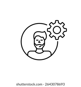 Man user avatar and cogwheel. Account settings, admin or user control. Customization, hr or user management software. Pixel perfect, editable stroke vector icon