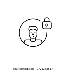 Hombre usuario avatar y bloqueo. Acceso seguro, protección de datos y conciencia de ciberseguridad. Icono de Vector de trazo perfecto y editable