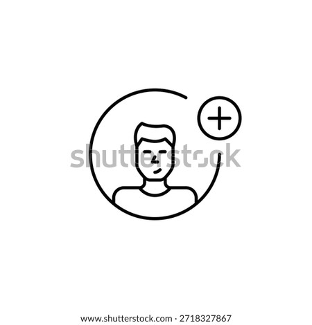 Man user avatar and plus. Profile add, account update. New identity create, user setup, digital presence. Pixel perfect, editable stroke vector icon