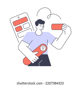 Man user browsing internet search information smartphone menu website interface vector flat illustration. Male customer cyberspace content data mobile phone app research optimization advice find