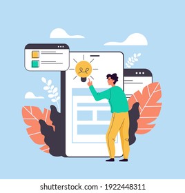 Man user character searching good business project idea by internet smartphone online. Vector cartoon flat graphic design illustration
