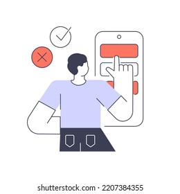Man user choosing reject accept smartphone application interface clicking button vector flat illustration. Male programmer developer testing mobile service choosing digital communication development