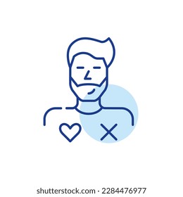 Man user of dating app with match or miss symbols. Finding romantic partner online. Pixel perfect, editable stroke icon