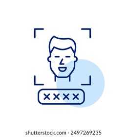 Cara de usuario hombre y caja de Contraseña con asteriscos. Verificación en dos pasos. Datos biométricos. Icono de trazo perfecto y editable del píxel