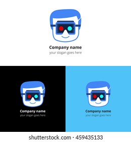 Man, user, human icon with virtual reality headset device. Logo, icon, sign, emblem vector template. Abstract symbol and button for virtual reality, video games, cyber, gaming company or service.