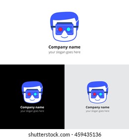 Man, user, human icon with virtual reality headset device. Logo, icon, sign, emblem vector template. Abstract symbol and button for virtual reality, video games, cyber, gaming company or service.