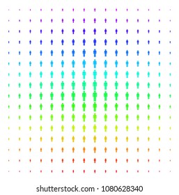 Man User icon rainbow colored halftone pattern. Vector man user pictograms organized into halftone grid with vertical spectral gradient. Designed for backgrounds, covers and abstraction effects.