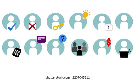 Benutzersymbol. Vektor Person Set. True False Key Vorschlag Idee Kalenderdokument sprechen Fragen Geld und arbeiten mit dem Computer. Symbol für die Arbeitswelt.