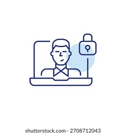 Usuário principal no laptop e trava. Acesso seguro, proteção de dados em chamadas de vídeo e reconhecimento de segurança cibernética. Pixel perfeito, ícone de vetor de traçado editável