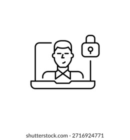Usuário principal no laptop e trava. Acesso seguro, proteção de dados em chamadas de vídeo e reconhecimento de segurança cibernética. Pixel perfeito, ícone de vetor de traçado editável