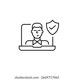 Hombre usuario en el ordenador portátil, escudo y marca de verificación. Garantía de ciberseguridad, manejo seguro de datos, Inicio de sesión autenticado, uso digital compatible. Icono de Vector de trazo perfecto y editable
