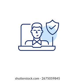 Usuário homem no laptop, escudo e marca de seleção. Garantia de segurança cibernética, manipulação segura de dados, login autenticado, uso digital compatível. Pixel perfeito, ícone de vetor de traçado editável
