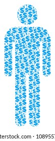 Man user mosaic of dollar symbols and round dots. Vector dollar icons are composed into man user illustration.