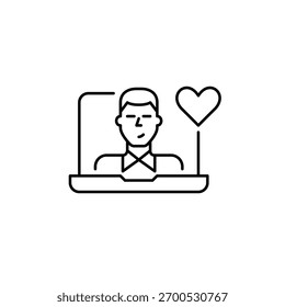 Man user on laptop screen and heart. Virtual communication, video conference. Pixel perfect, editable stroke vector icon