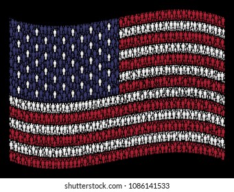 Man user pictograms are composed into waving USA flag stylization on a dark background. Vector collage of America state flag is organized of man user elements.