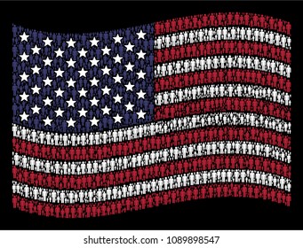 Man user pictograms are grouped into waving USA flag abstraction on a dark background. Vector collage of America state flag is made from man user items. Designed for political and patriotic doctrines.