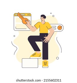 Man user successful web site access with key password cybersecurity internet service vector flat illustration. Male online connection code privacy security system network information page isolated
