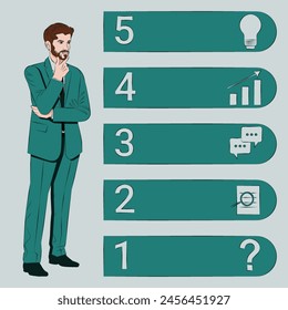Un hombre utiliza 5 pasos para identificar un problema u oportunidad en el proceso de toma de decisiones. Concepto de negocio. Ilustración vectorial de esquema.