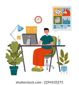 Man uses AI service to generate images of cat on computer, cartoon style. Neural network, artificial intelligence concept. Trendy modern vector illustration isolated on white, flat design.