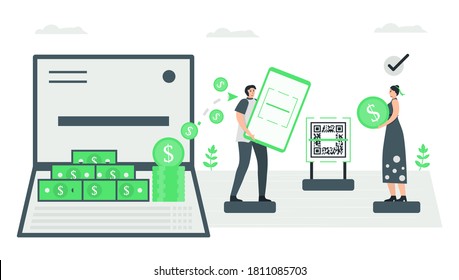 The man uses application to scan QR code for money paying. It can instead of account book directly. Minimal green monochromatic color design in e-payment concept.