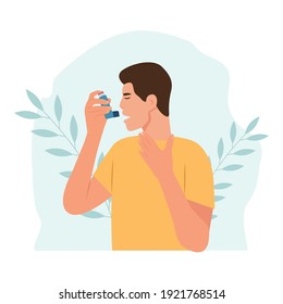 Man uses an asthma inhaler against attack. World asthma day. Allergy,Bronchial asthma. Vector  illustration