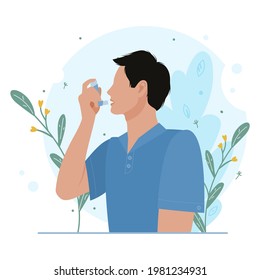 Man uses an asthma inhaler against an allergic attack. World asthma day. Allergy, asthmatic. Concept of inhalation medicine. Bronchial asthma. Vector flat illustration