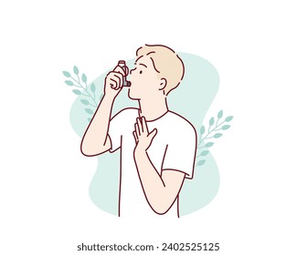 Der Mensch benutzt ein Asthma-Inhalator gegen einen Angriff. Weltasthma-Tag. Handgezeichnete Vektordesign-Illustrationen.