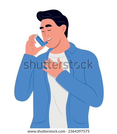 Man uses an asthma inhaler against attack. World asthma day. Bronchial asthma. Allergy, asthmatic. Inhalation drug.