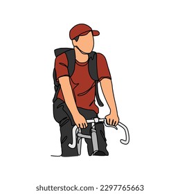 ein Mann benutzt ein Fahrrad, um im Stil der fortlaufenden Linienzeichnung zu arbeiten. Design mit minimalistischem, schwarz-linearem Design einzeln auf weißem Hintergrund. Sportthemen Vektorgrafik