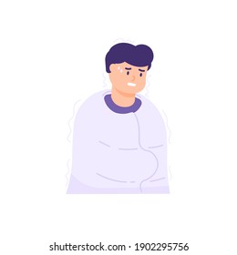 a man uses a blanket because he is shivering or has a fever. the expression of a person who is sick or unwell. flat style. vector design element