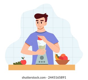 El hombre usa licuadora y licuado de frutas y verduras frescas. Dieta y Nutrición Adecuadas. Ilustración vectorial plana de dibujos animados.