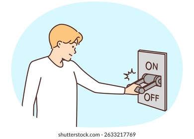 Man uses breaker to turn off electricity or stop internet connection. Guy starts electricity with huge switch with on and off signatures after emergency shutdown or accident