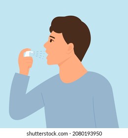 Man  uses breath freshener. Boy using mouth spray for  sore throat infection treatment Aerosol spray in the hand. Fresh breath.Vector illustration